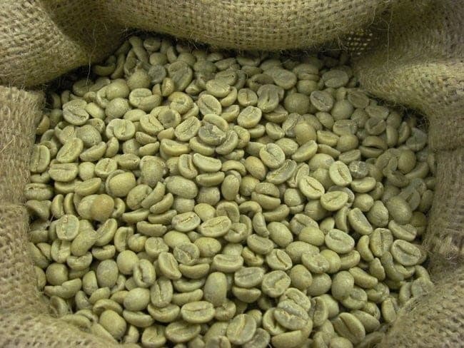 Green coffee beans in bulk, close in.
